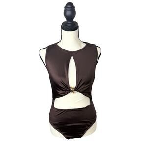 Women’s Medium Brown Cutout Bodysuit Ring Detail Sleeveless Stretch Y2K Top